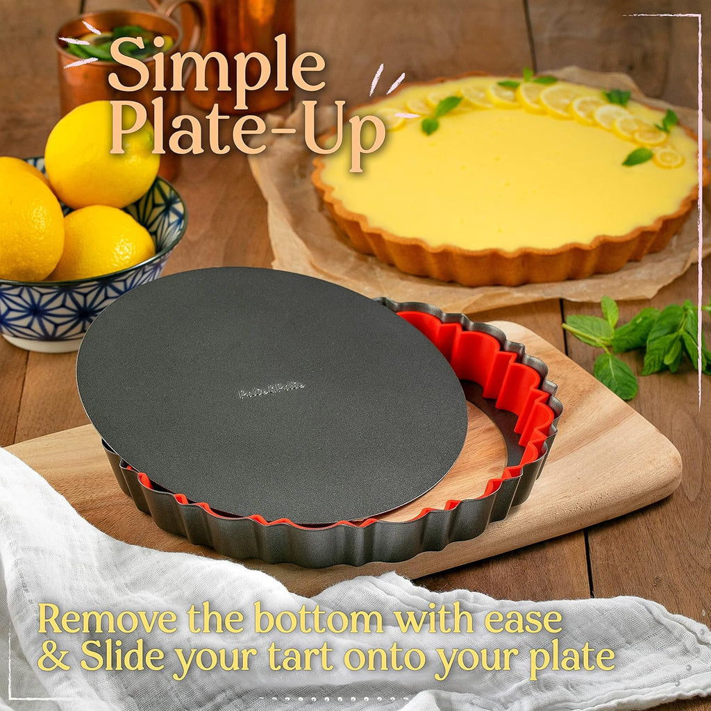 Patz&Patz Fluted Tart Pan 9 Inch Removable Bottom with Patented Silicone Crust Shaper | Nonstick Carbon Steel Quiche Baking Dish, Fruit Tart Molds for Baking, Quiche Pan & Pie Mold - PFOA & PTFE-Free