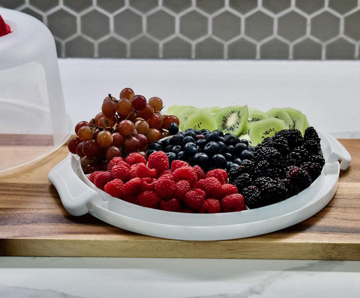 Top Shelf Elements Round Cake Carrier Two Sided Cake Holder Serves as Five Section Serving Tray, Portable Cake Stand Fits 10 inch Cake, Cake Box Comes With Handle, Cake Container Holds Pies (White)