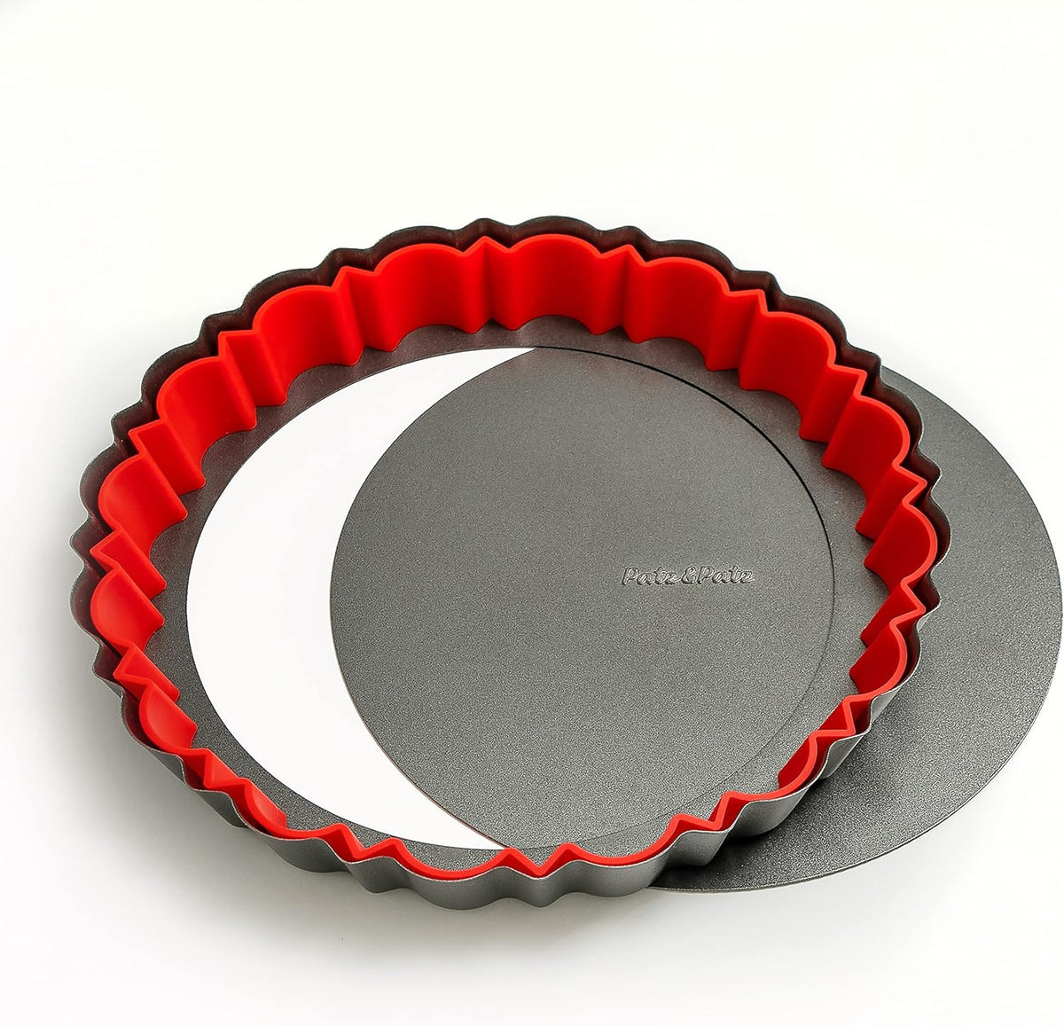 Patz&Patz Fluted Tart Pan 9 Inch Removable Bottom with Patented Silicone Crust Shaper | Nonstick Carbon Steel Quiche Baking Dish, Fruit Tart Molds for Baking, Quiche Pan & Pie Mold - PFOA & PTFE-Free