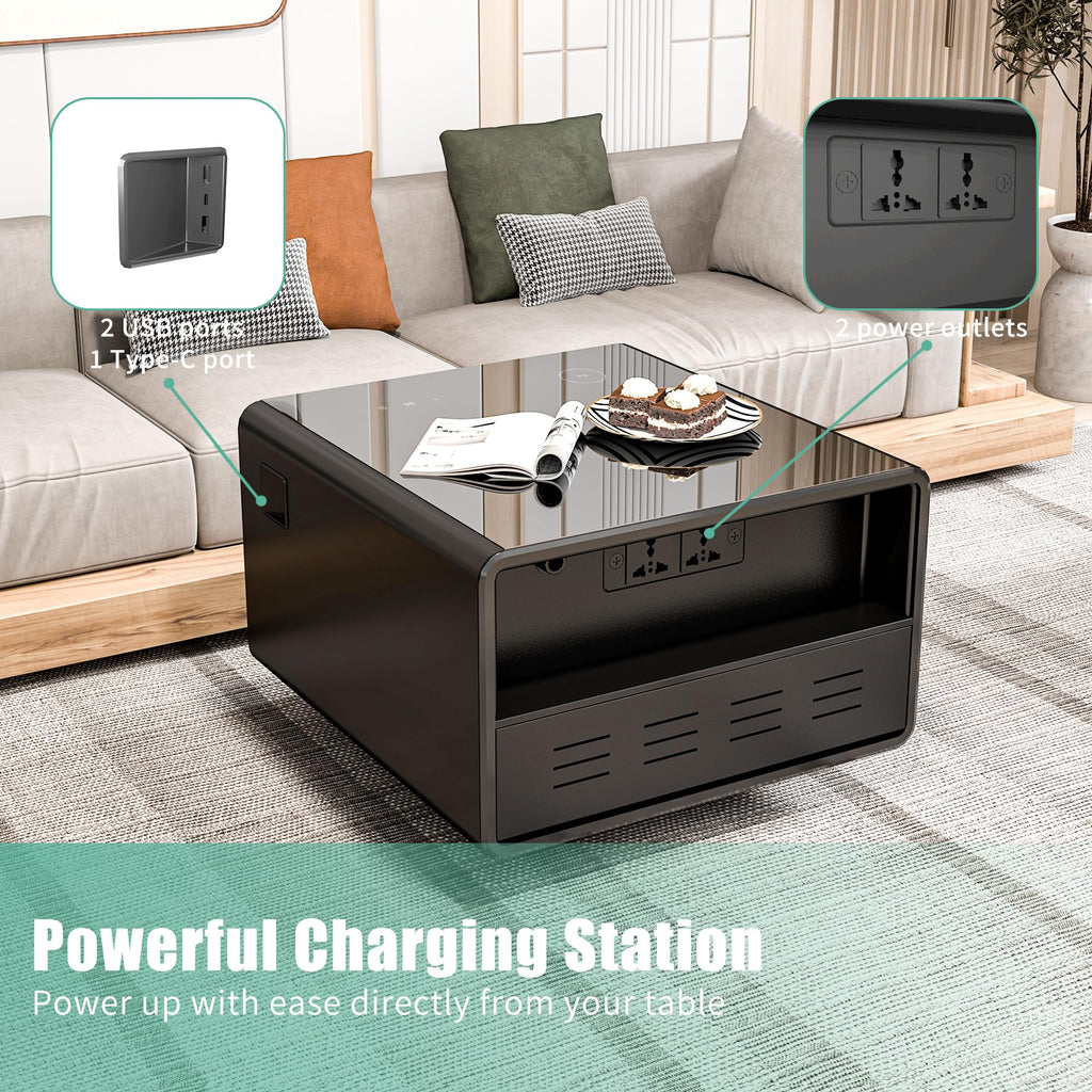 Smart Coffee Table with Fridge, Smart Coffee Table with Wireless Charging Station, Temperature Control, Power Socket, USB Ports, Outlet Protection and Induction Light, Fridge Coffee Table, Black
