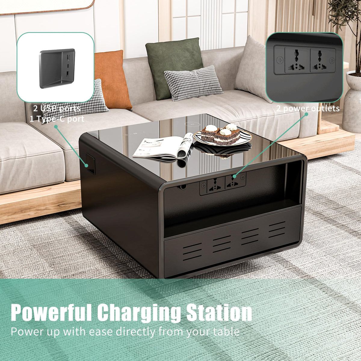 Smart Coffee Table with Fridge, Smart Coffee Table with Wireless Charging Station, Temperature Control, Power Socket, USB Ports, Outlet Protection and Induction Light, Fridge Coffee Table, Black