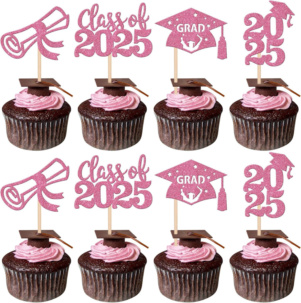 24 PCS 2025 Graduation Cupcake Toppers Glitter Diploma Congrats Grad Cap Cupcake Picks Class of 2025 Cake Decorations for 2025 Graduation Theme Party Supplies Pink