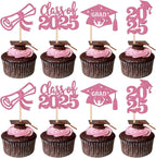 24 PCS 2025 Graduation Cupcake Toppers Glitter Diploma Congrats Grad Cap Cupcake Picks Class of 2025 Cake Decorations for 2025 Graduation Theme Party Supplies Pink