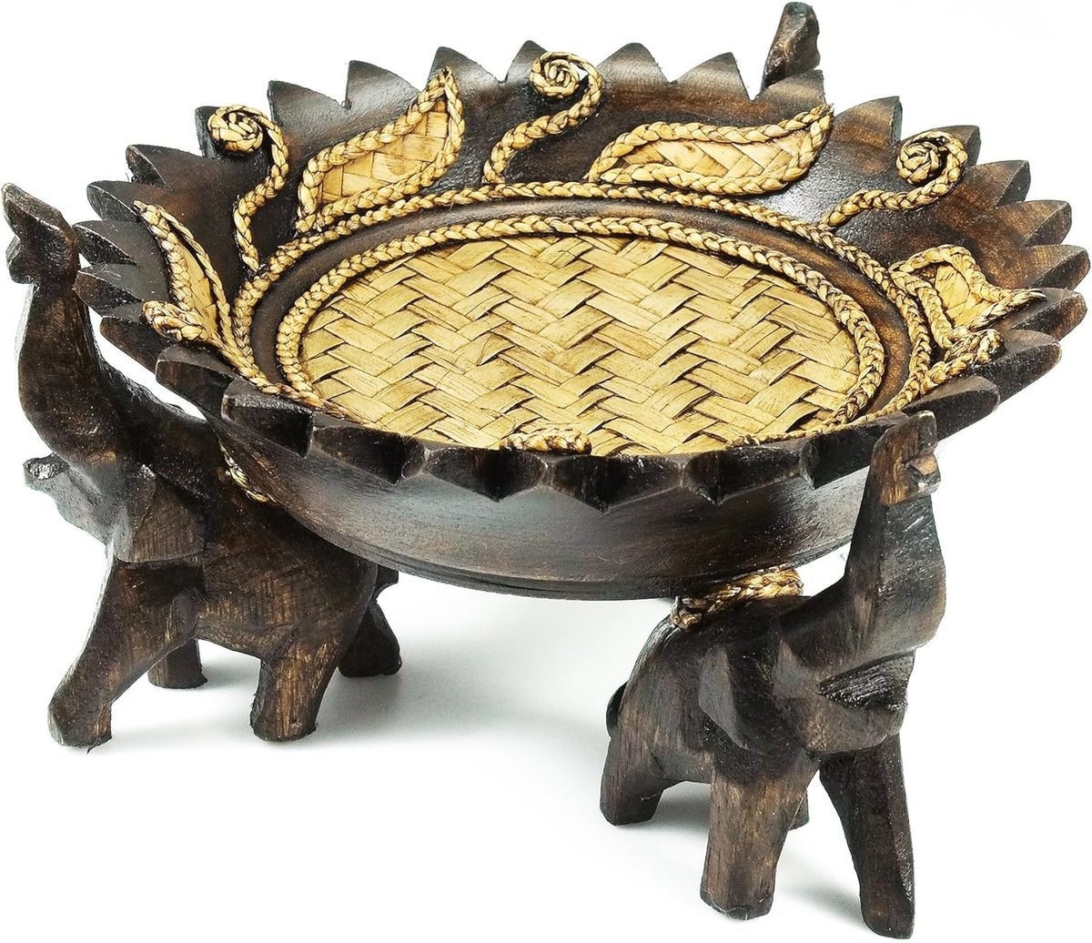AeraVida Wooden Tray Rejoicing Elephant Leaves Carved Design Round Rain Tree Wood Home Decor Accent with Woven Straw Base 6.5 Inch Gift Display Bowl