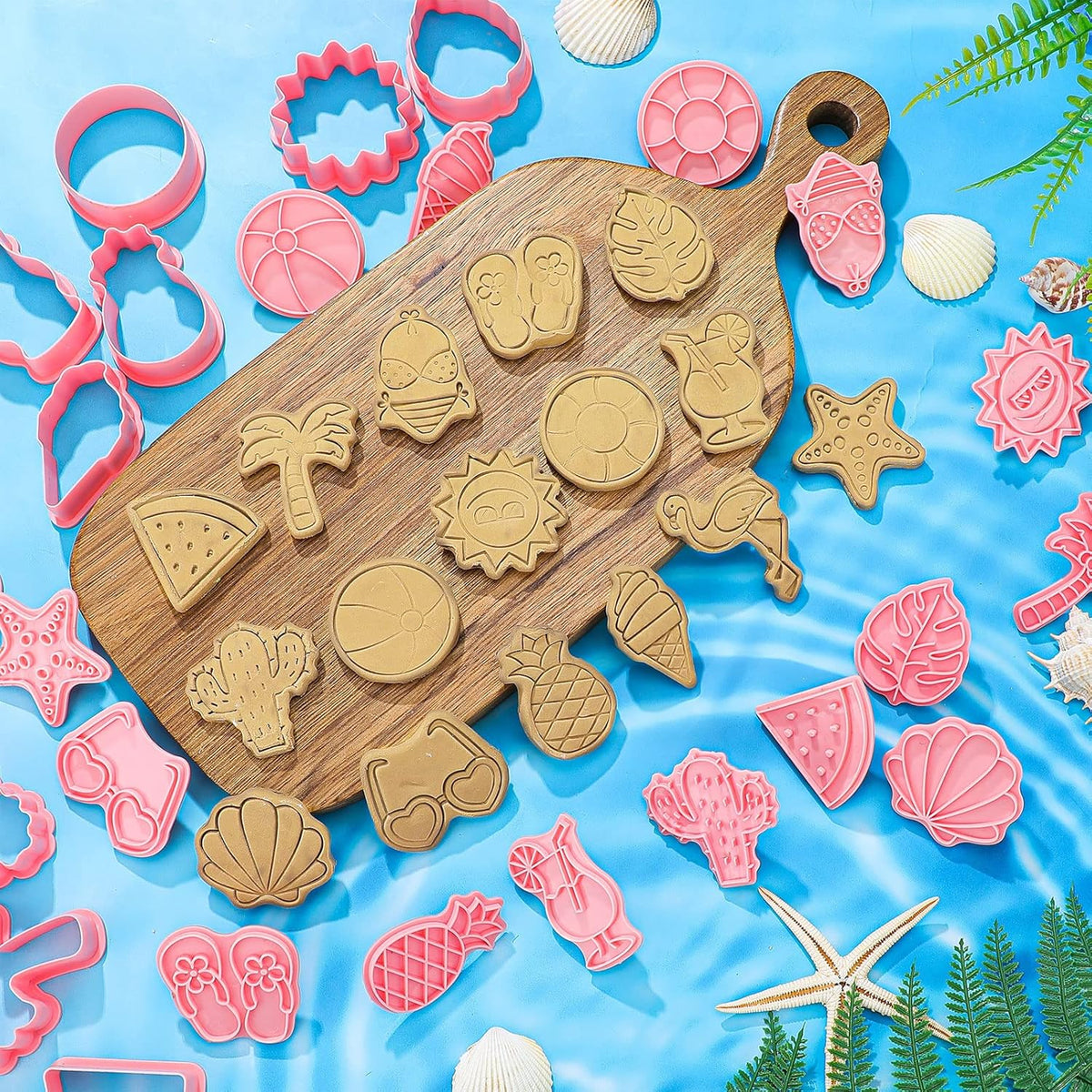 16 Pcs Summer Beach Cookie Cutters with Plunger Stamps Set Tropical Cookie Molds Beach Party Supplies Biscuit Fondant Cutters, Pineapple Flamingo Palm Tree Starfish Seashell Sunglasses Ice Cream