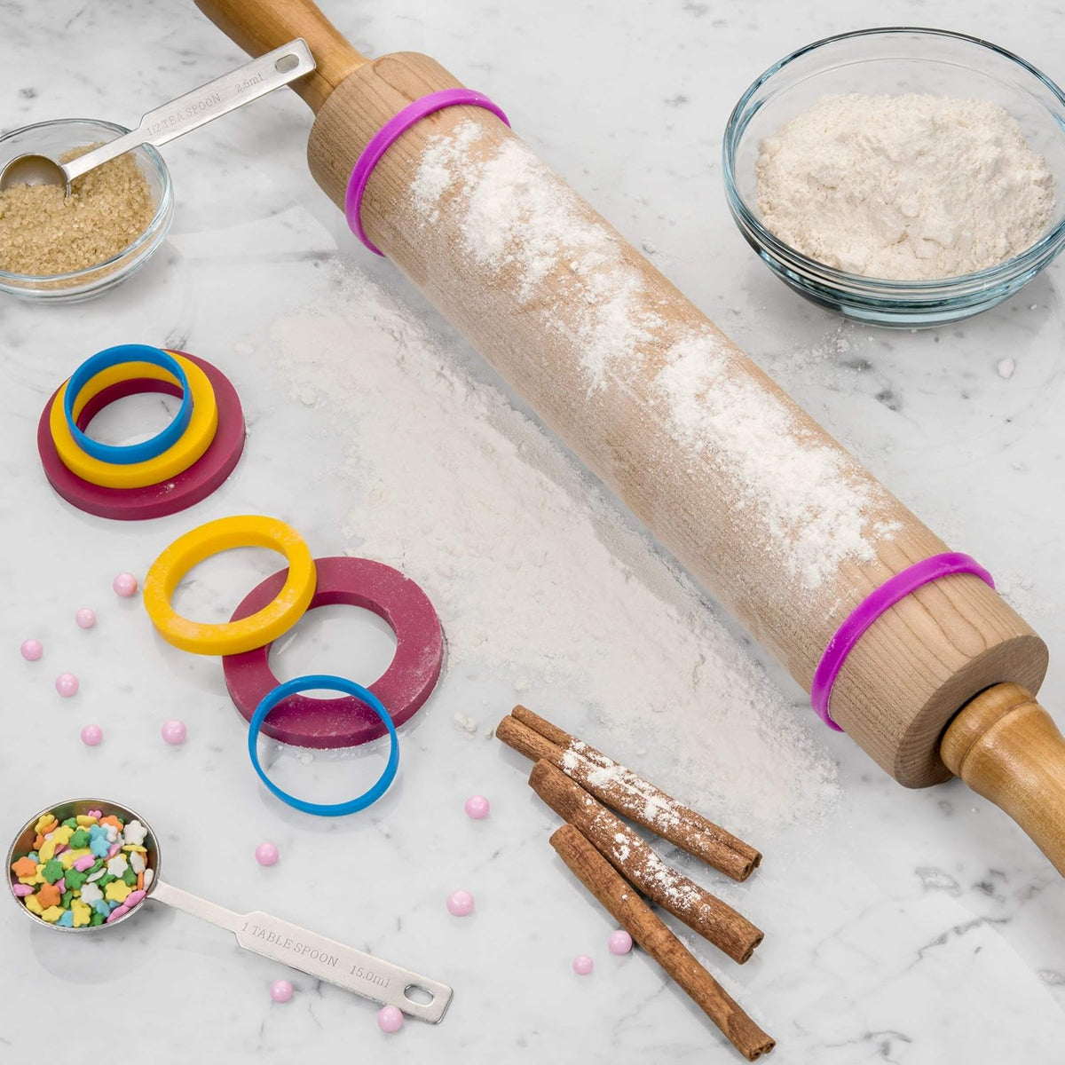 Rolling Pin Guide Ring Spacer Bands (8 Piece Set) Multicolored Flexible Silicone Slip On Baking Accessories Fit 1 3/4” to 2” Wide Dough Rollers