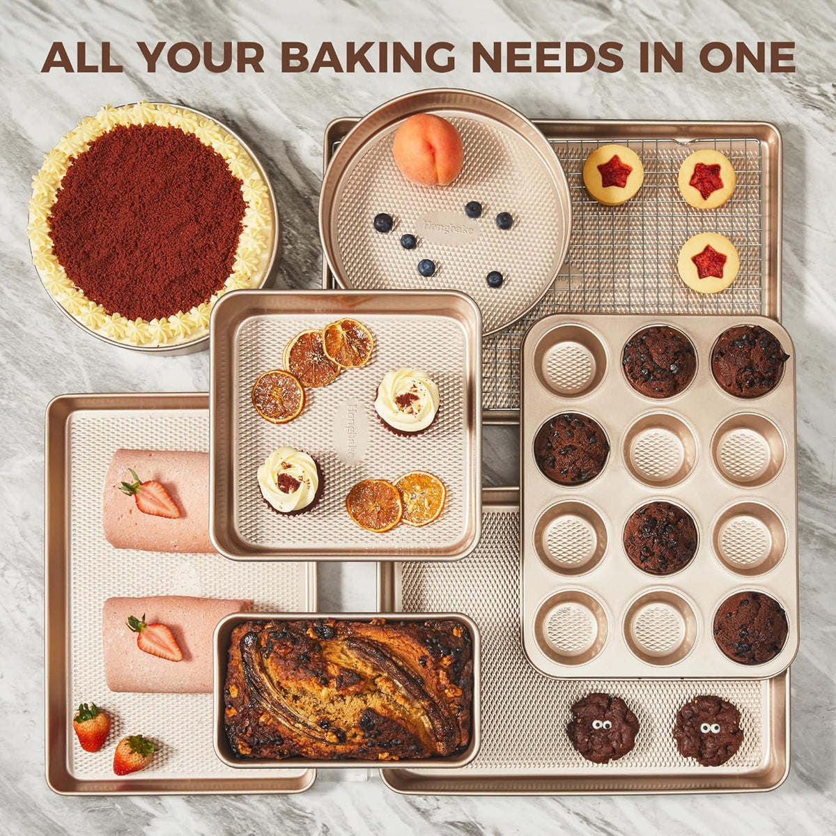 HONGBAKE 9-Piece Baking Pans Set Nonstick, Stackable Non Toxic Bakeware Sets with Diamond Texture, Oven Pan Set for Cooking, Includes Cookie Sheet with Rack, Cake Pan, Roasting Pan, Muffin Tin, Gold