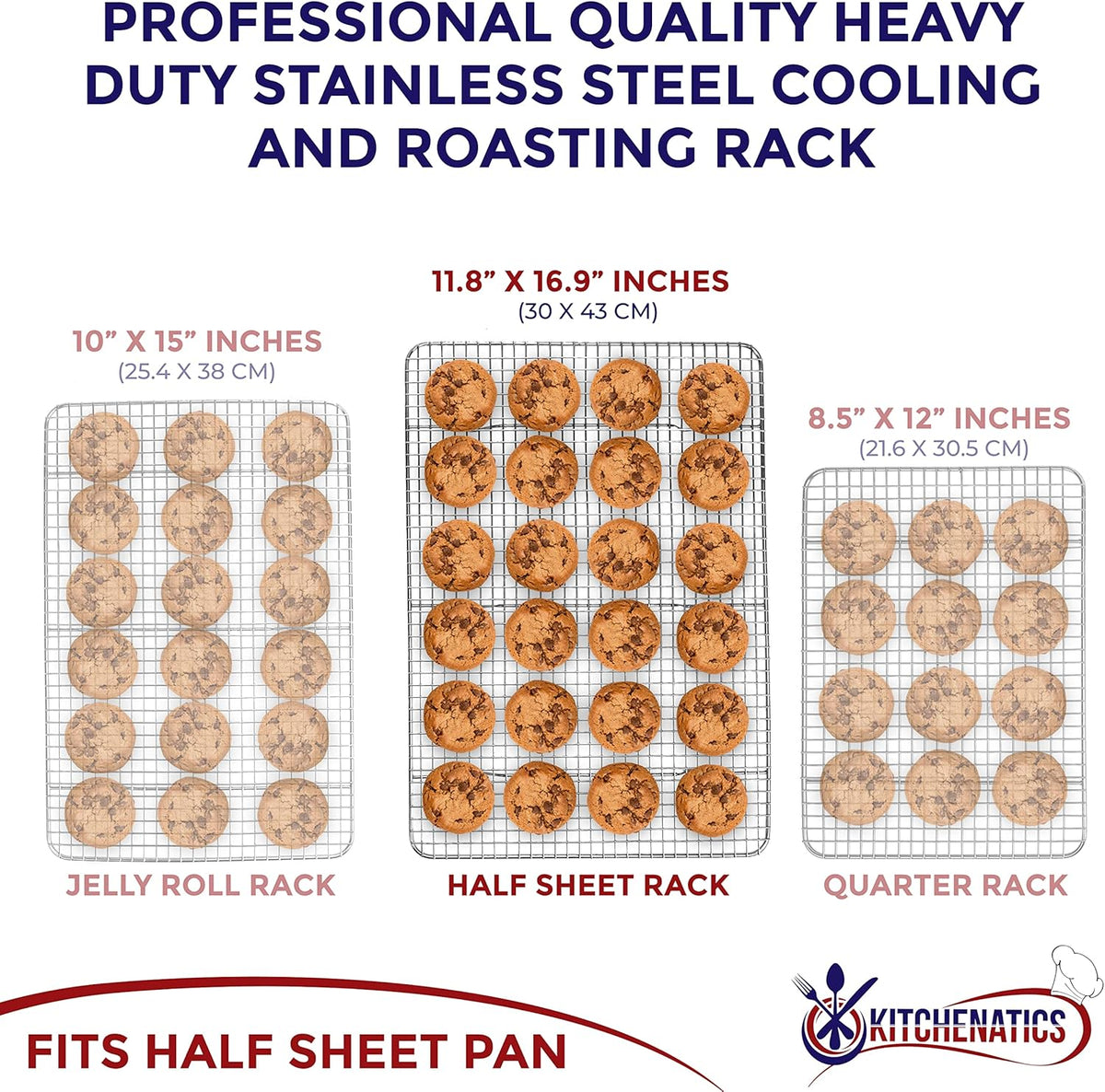 KITCHENATICS Heavy Duty Half Sheet Cooling Racks, Rust Resistant Stainless Steel Baking Racks, Wire Racks Fit Half Sheet Pan, Bacon Grill Rack for Oven, Cookie Cooling Racks 11.8" x 16.9" IN, Set of 2