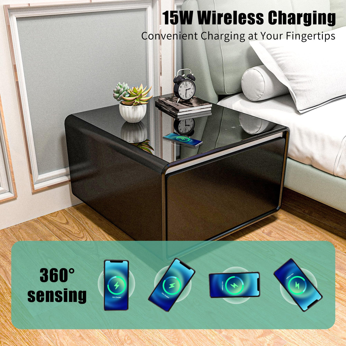 Smart Coffee Table with Fridge, Smart Coffee Table with Wireless Charging Station, Temperature Control, Power Socket, USB Ports, Outlet Protection and Induction Light, Fridge Coffee Table, Black