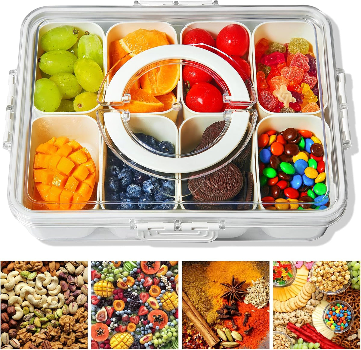 Snackle Box Container Divided Serving Platters with Lid and Handle Divided Snackle for Portable Snack Box Container Tray Perfect for Candy Fruit and Treats