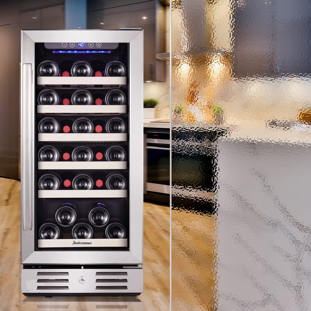 Kalamera Mini Lodówka 15" Chłodziarka do wina - 30 Butelek Wina Lodówka ze Stali Nierdzewnej i Dwuwarstwowe Drzwi z Hartowanego Szkła i Funkcja Zapamiętywania Temperatury Wbudowana lub Wolnostojąca