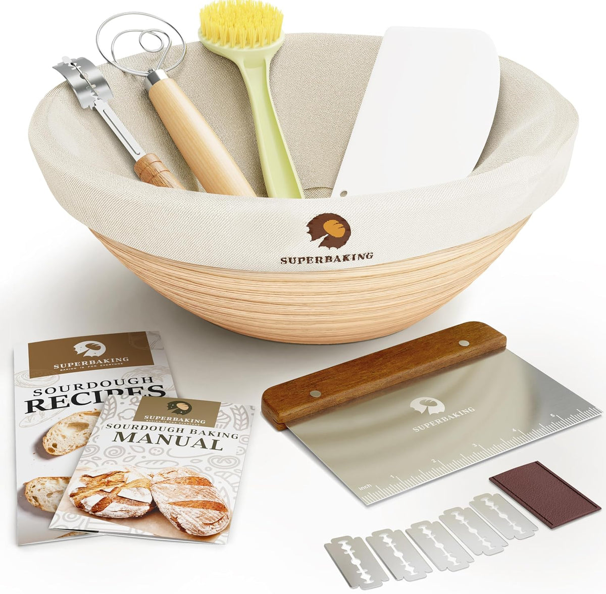 Superbaking Banneton Bread Proofing Basket, Sourdough Bread Baking Supplies, Round 9 Inch Sourdough Starter Kit, Proofing Basket for Baking, Bread Making Supplies Tools, Banneton Basket Gift Set