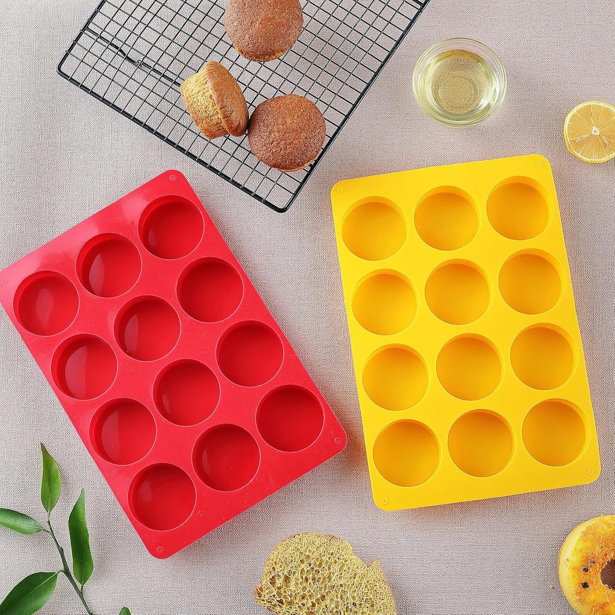 2PCS Silicone Cookie Chocolate Molds, Vituer 12-Cavity Round Silicone Baking Mold for Oreo, Candy, Chocolate, Cookie, Mini Cake and Jelly, Dishwasher Safe (Red+ Orange)