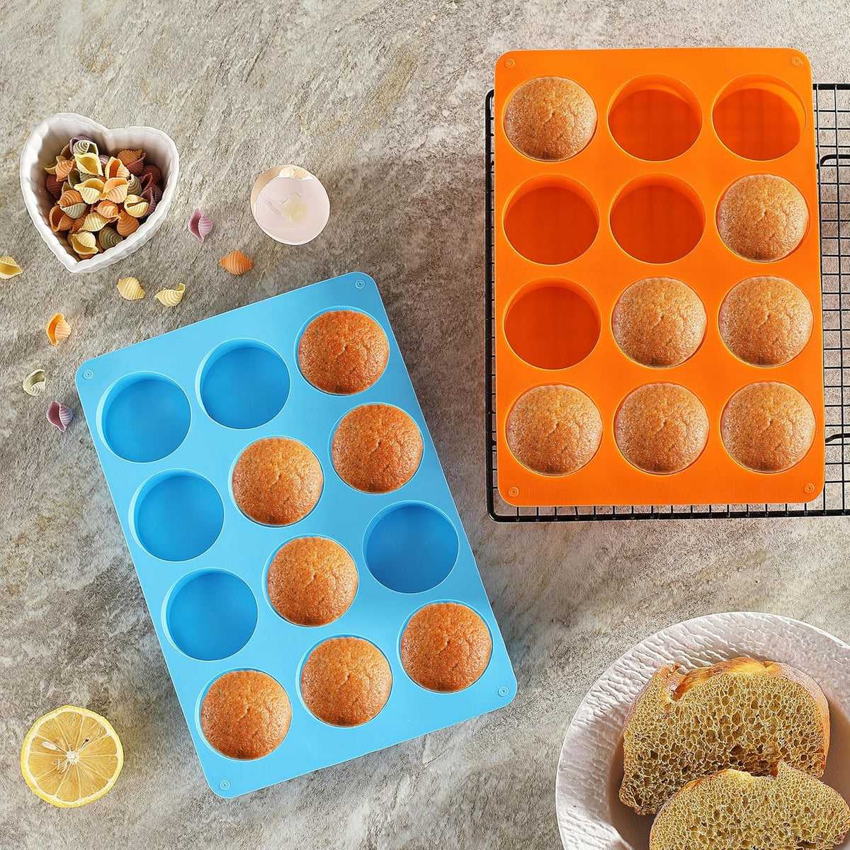 2PCS Silicone Oreo Molds, LCCOWOT 12 Cavity Cookie Chocolate Round Silicone Mold, Baking Mold for Chocolate, Oreo, Cookie, Cany, Mini Cake, Dishwasher Safe (Orange+Blue)