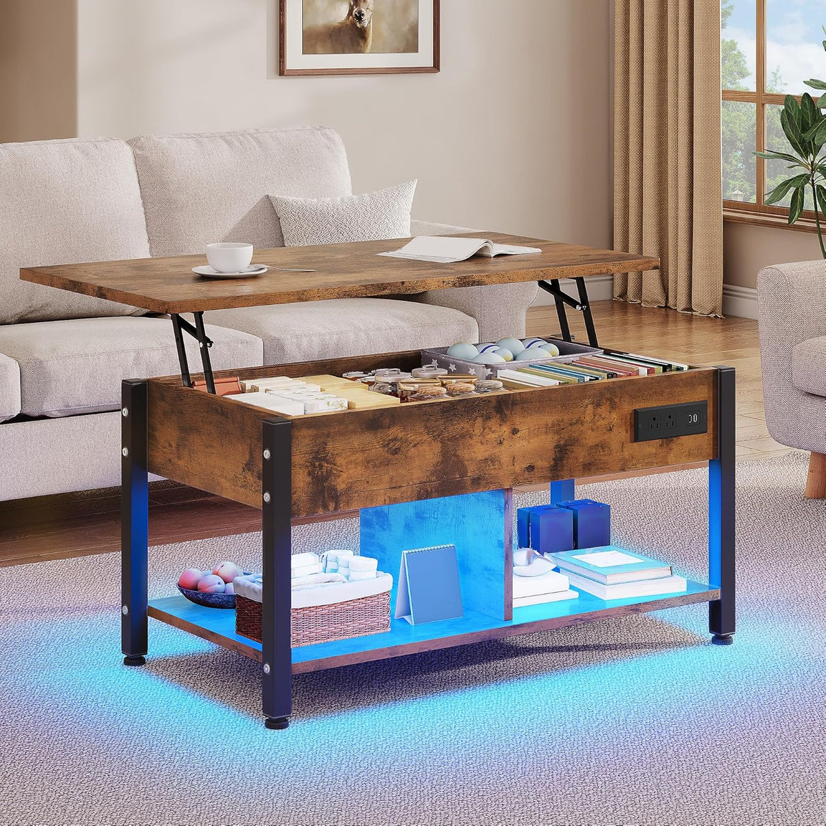 YITAHOME Lift Top Coffee Table with RGB Light, 3-in-1 Coffee Table with Power Outlets, Hidden & Open Storage, Adjustable Height, Wooden Dining Table for Living Room, Home Office, Brown