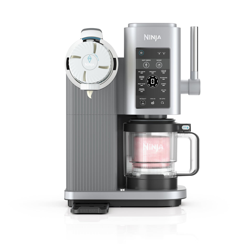 A Ninja CREAMi Swirl ice cream and soft serve maker, showcasing the machine with its pints and various components, in a silver color.