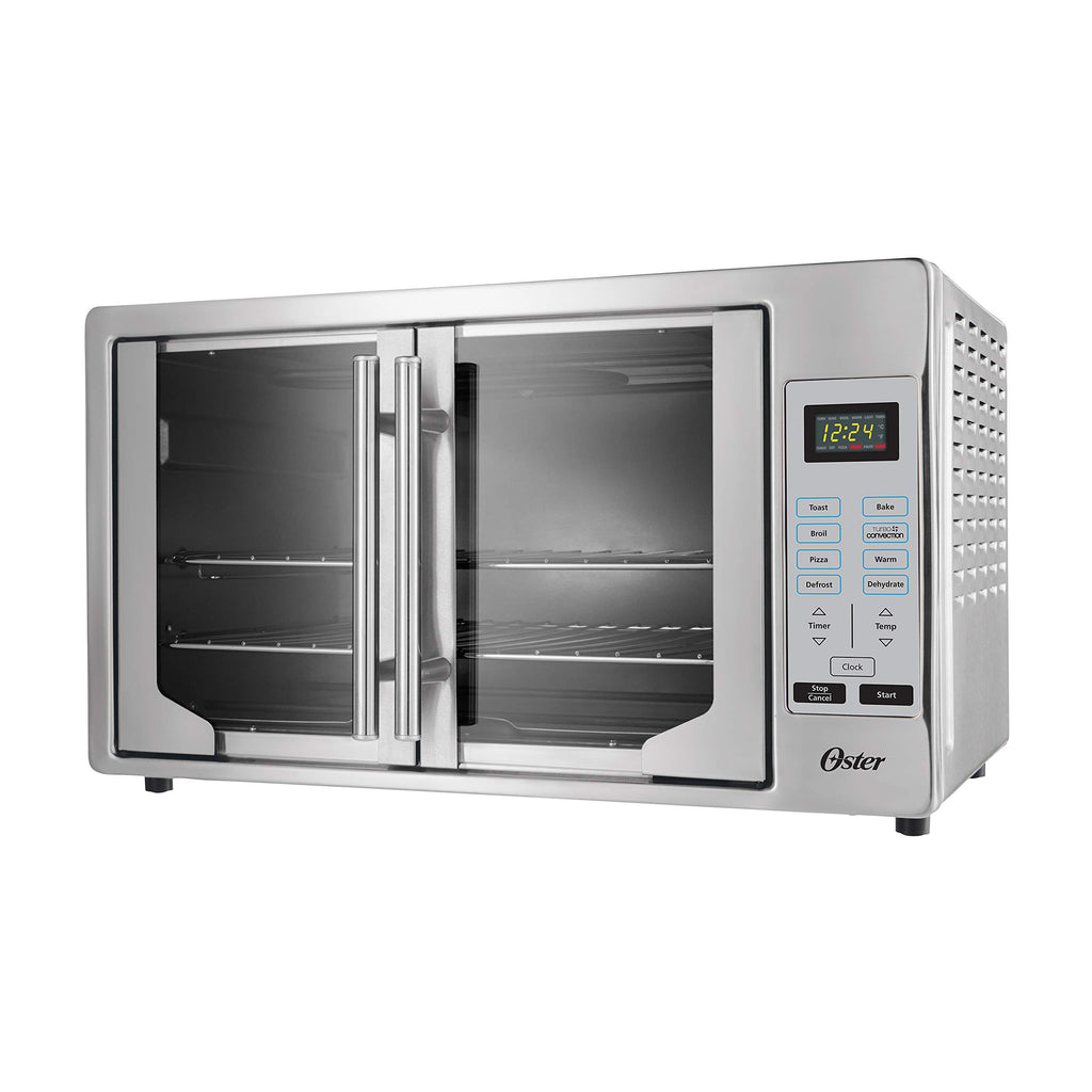 Oster stainless steel convection oven with French doors, digital control panel, and space to accommodate two 16-inch pizzas.