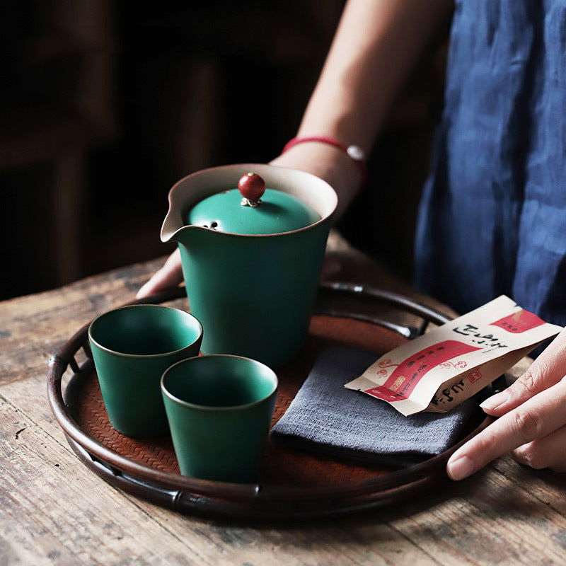PINNY Japanese Coarse Pottery Travel Tea Set Ceramic Glaze Kung Fu Tea Set 1 Pot 2 Cups With Bag Portable Tea Service - Walfos® Kitchenware