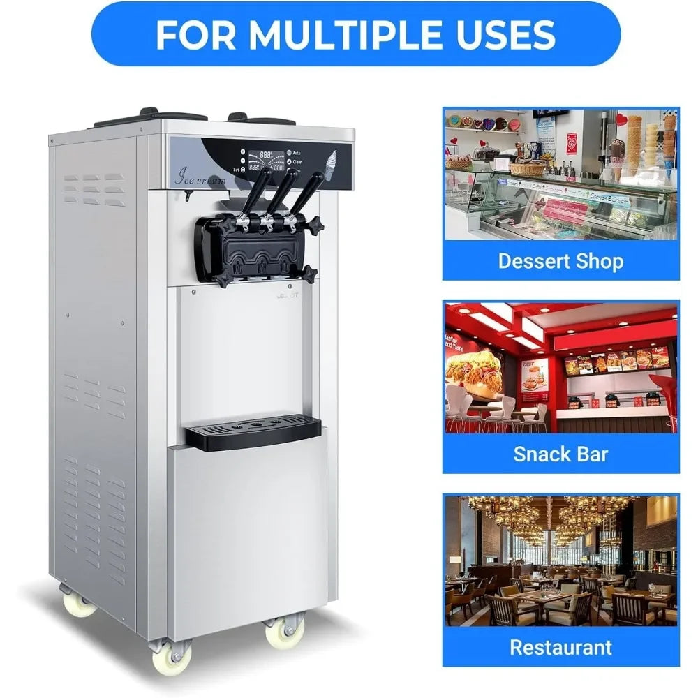 Commercial soft ice floor standing ice cream machine, 3 flavors, 2 hoppers, 3 dispensers, used in restaurants and snack shops