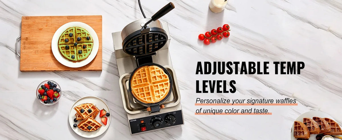 Commercial Waffle Maker, 1300W Round, Non-Stick Rotatable Waffle Baker Machine, Teflon-Coated Baking Pan Stainless Steel Body