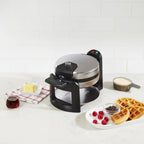 Round Flip Belgian Waffle Maker, Black/Silver, 1 inch thick, waffle maker mini