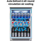 20 Inch Beverage Fridge with Glass Door, 120 Can Mini Fridge with Blue LED Light for Beer, 36-50°F Under Cooler, Auto Defrost