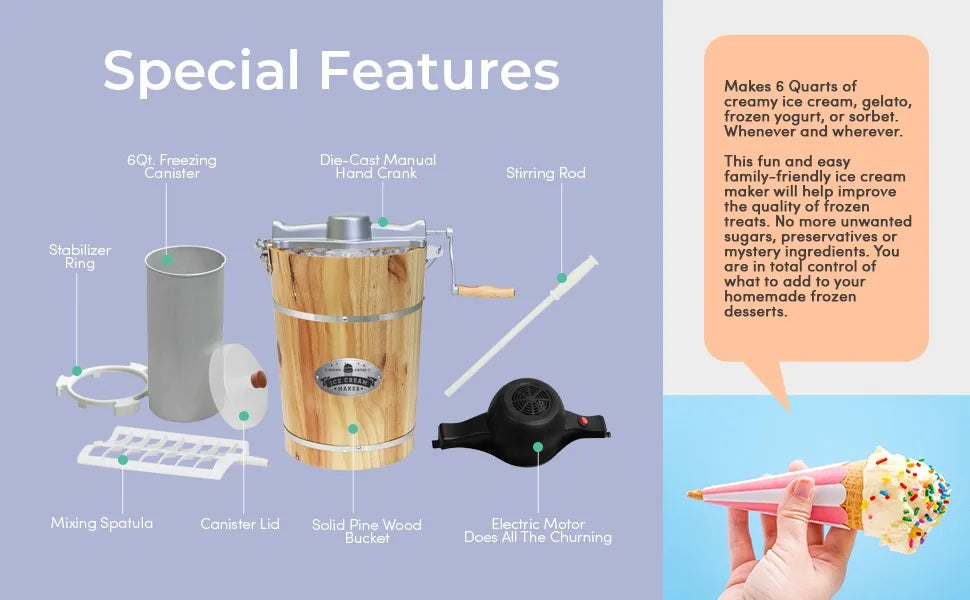 Old Fashioned 6 Quart Vintage Wood Bucket Electric Ice Cream Maker Machine, Bonus Classic Die-Cast Hand Crank for Churning