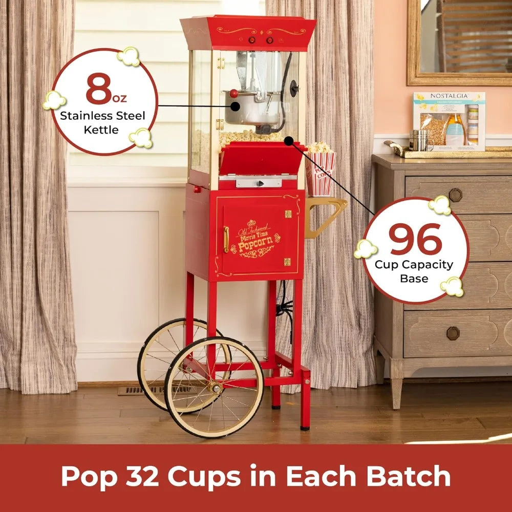Popcorn Maker Machine, Professional Cart With 8 Oz Kettle Makes Up to 32 Cups, Vintage Popcorn Machine Movie Theater Style - Red