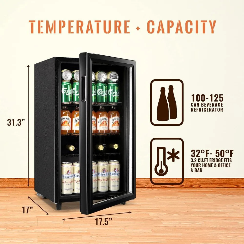 Mini lodówka ze szklanymi drzwiami 120 puszek, lodówka na napoje, mała chłodziarka do wina, przezroczysta przednia lodówka na napoje z 7 termostatami, światła LED