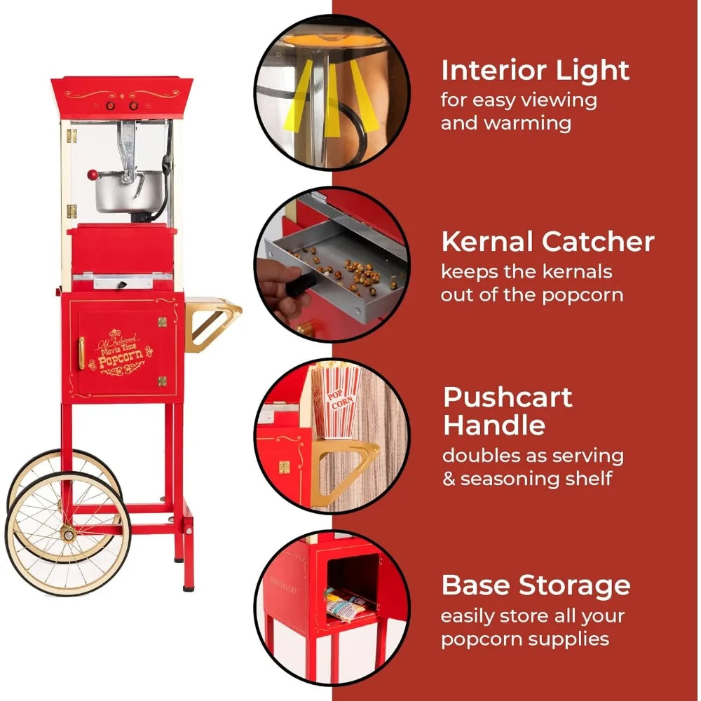 Popcorn Maker Machine, Professional Cart With 8 Oz Kettle Makes Up to 32 Cups, Vintage Popcorn Machine Movie Theater Style - Red