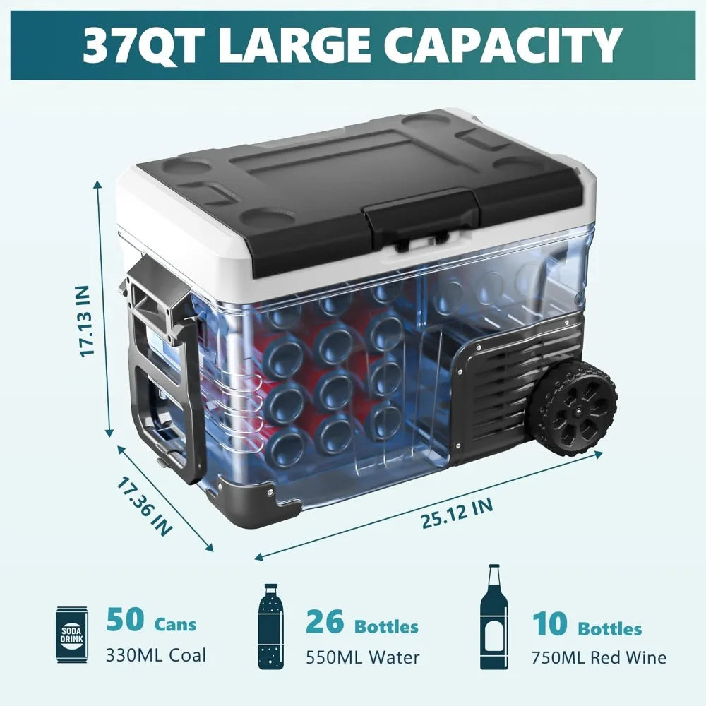 12 Volt Refrigerator, 37 Quart(35L) Car Fridge Freezer 12V/24V DC 110-240V AC,Large Zone Electric Cooler with Wheels & 2 Baskets