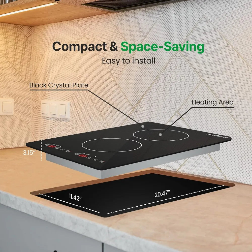 Induction Cooktop- 2 Glass Induction Burner Zones with Adjustable Temperature Settings-1800W Cooker with Digital Touch Sensor