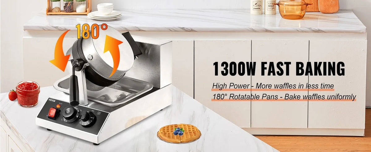 Commercial Waffle Maker, 1300W Round, Non-Stick Rotatable Waffle Baker Machine, Teflon-Coated Baking Pan Stainless Steel Body