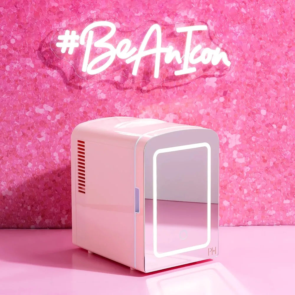 Mini Refrigerator and Personal Beauty Fridge, Mirrored Door with Light, 4 Liter, Built-in Makeup Mirror and a Dimmable LED Light
