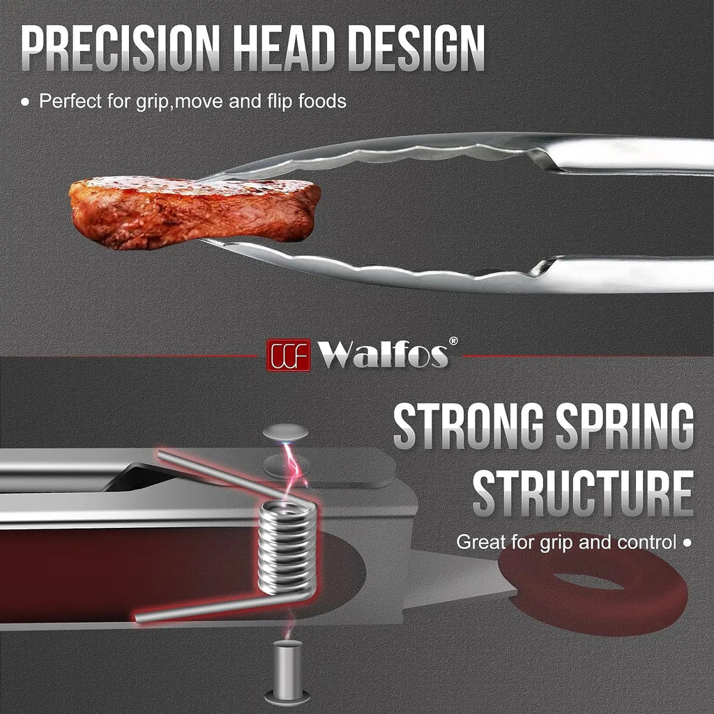 Walfos 1 Piece Red Stainless Steel Kitchen Tongs Food Grade for Cooking Grabbing Objects Duty Locking Non-Slip Grip BBQ Tools - Walfos® Kitchenware