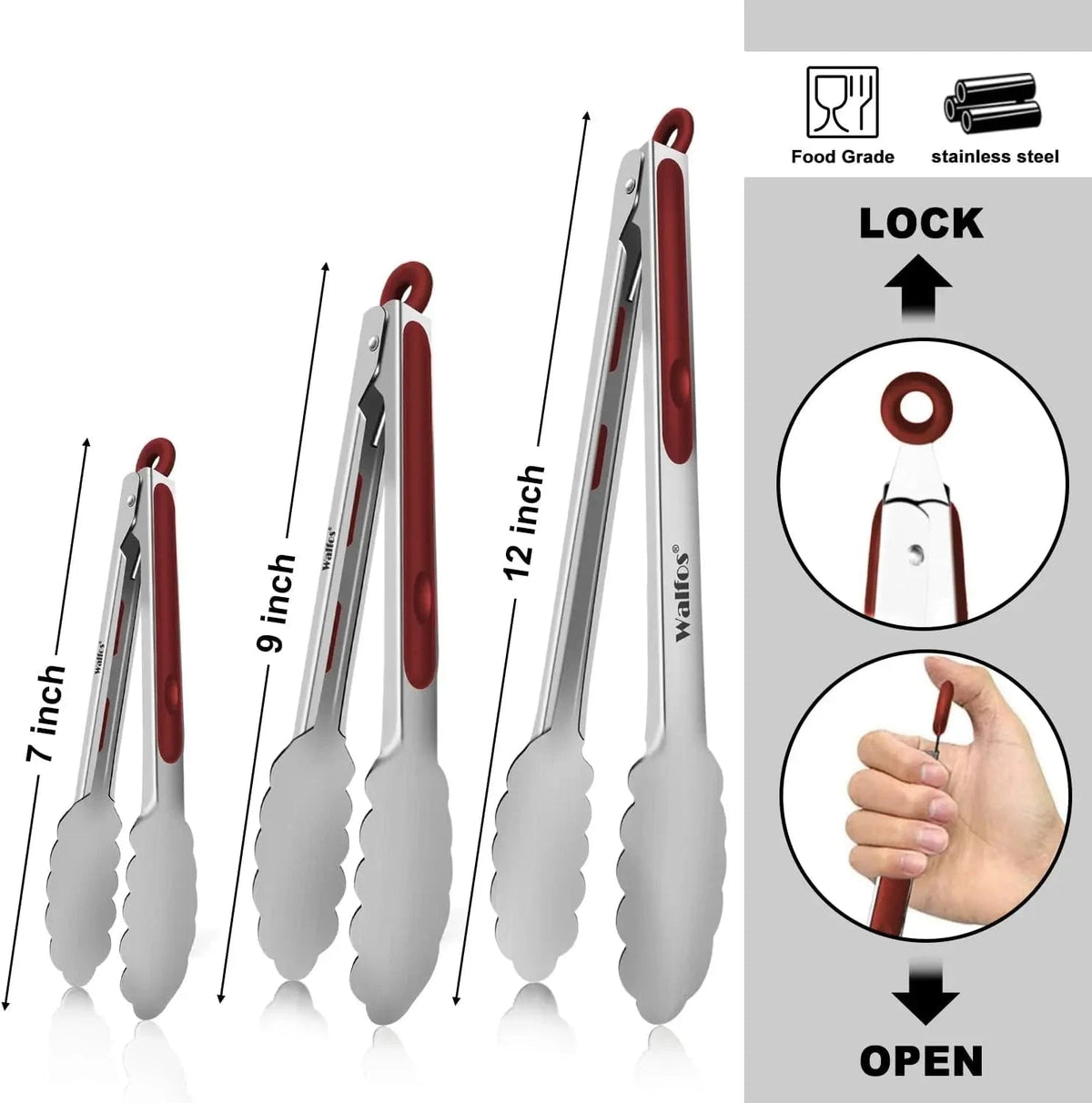 Walfos 1 Piece Red Stainless Steel Kitchen Tongs Food Grade for Cooking Grabbing Objects Duty Locking Non-Slip Grip BBQ Tools - Walfos® Kitchenware