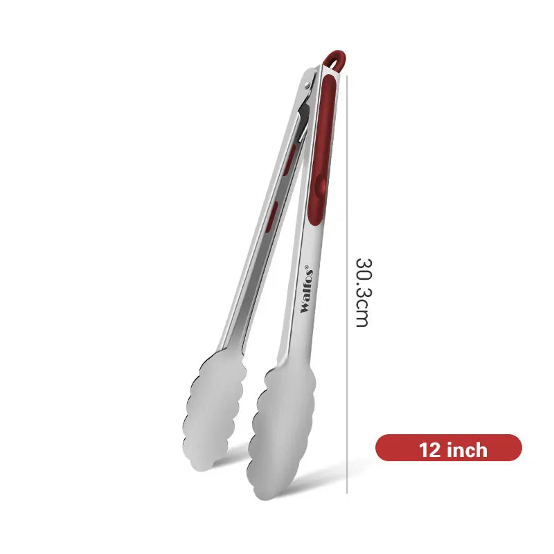 Walfos 1 Piece Red Stainless Steel Kitchen Tongs Food Grade for Cooking Grabbing Objects Duty Locking Non-Slip Grip BBQ Tools - Walfos® Kitchenware
